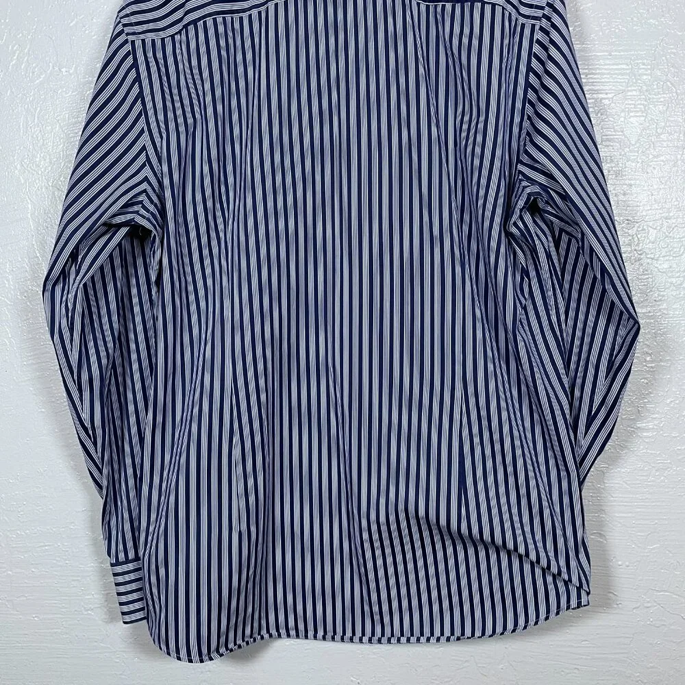 Hugo Boss Men 43 17 Navy Blue White Stripe Shirt Slim Fit Two Ply Spread Collar - Picture 6 of 10